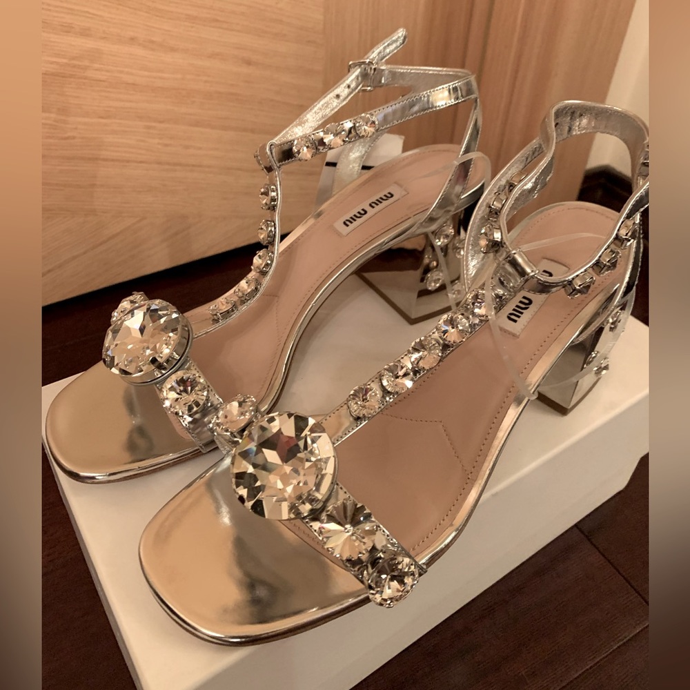Miu Miu crystal block heel sandals new, size 8 or 39, for wedding or any event